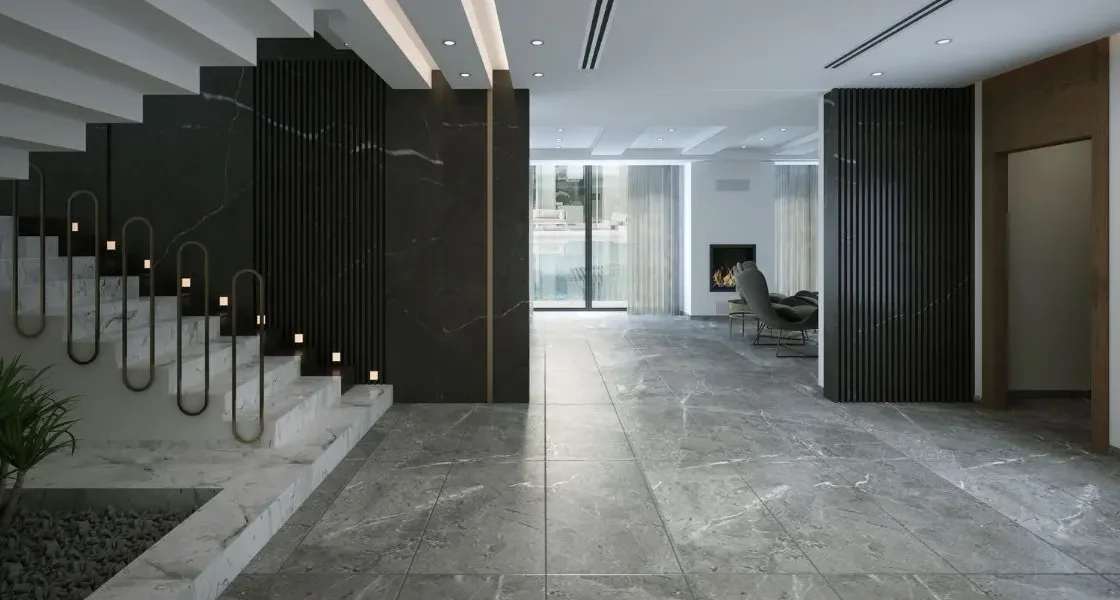 Porcelanato aplicado em ambiente residencial contemporâneo integrado